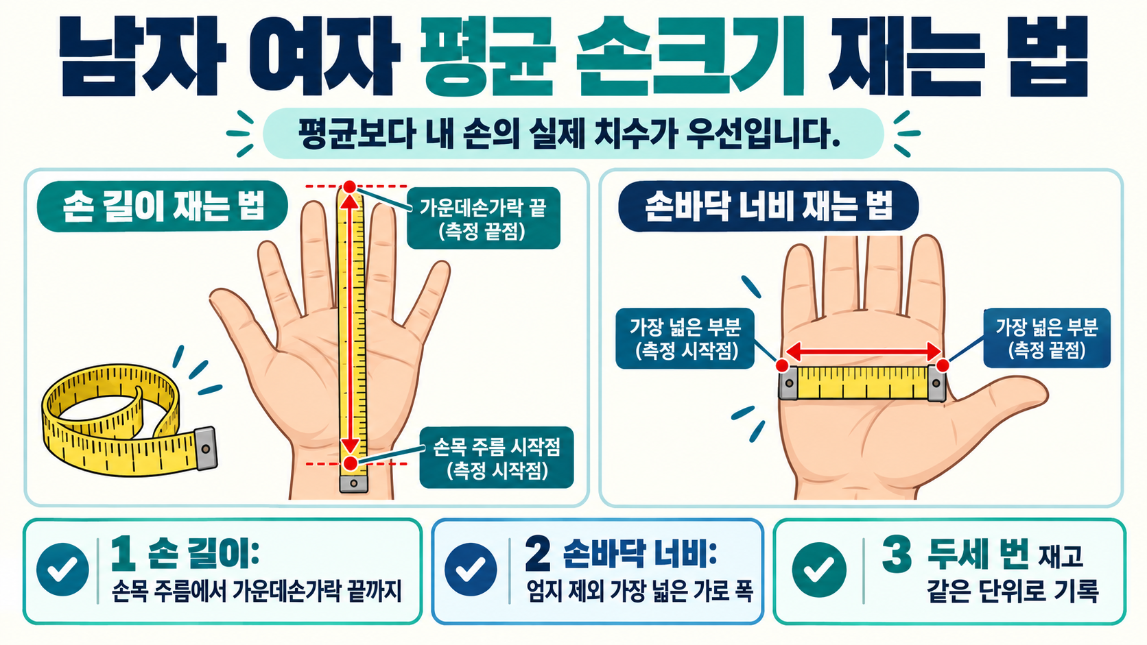 남자 여자 평균 손크기 측정 기준 정보카드