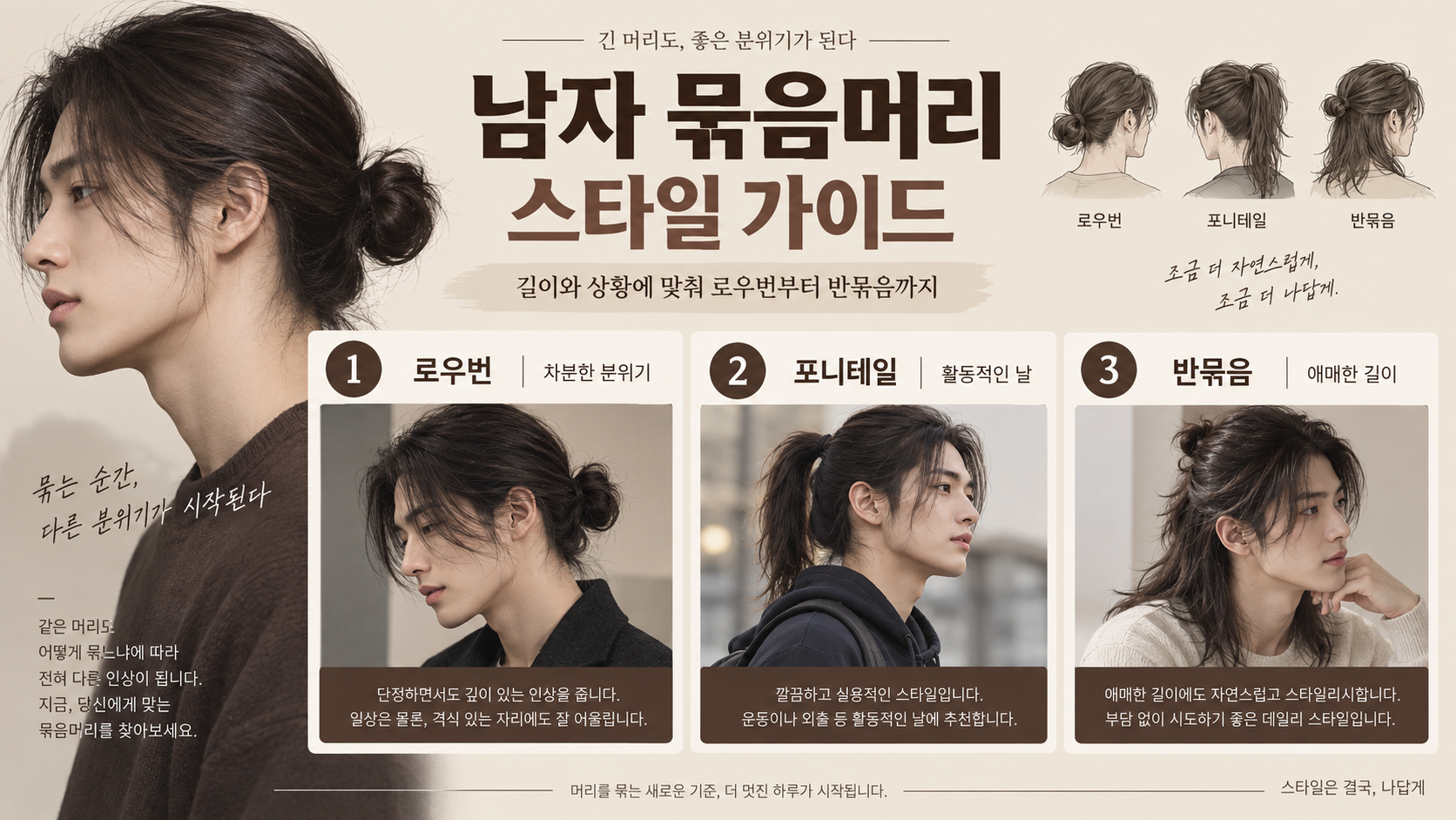 남자 묶음머리 스타일 선택 가이드 정보카드