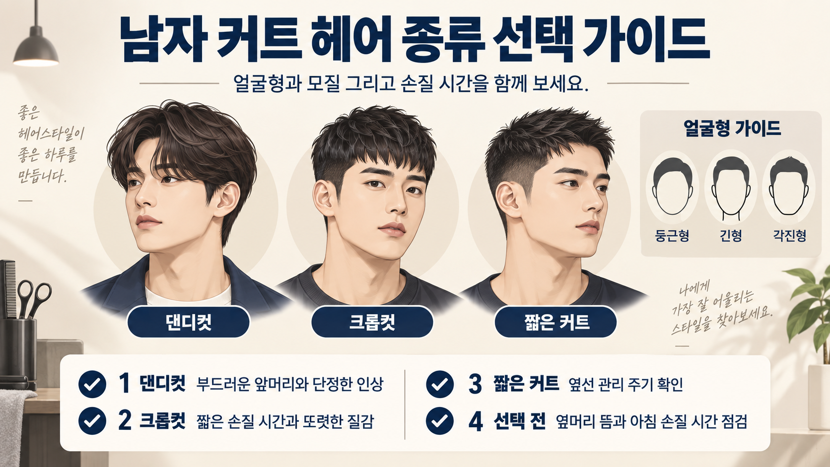 남자 커트 헤어 종류와 선택 기준을 보여주는 정보카드