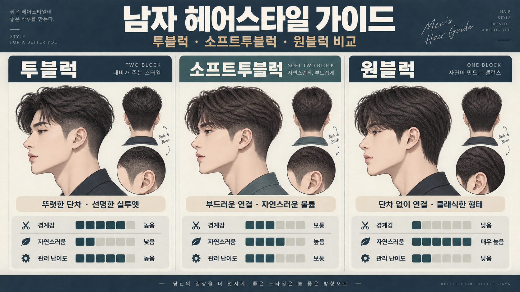 투블럭 소프트투블럭 원블럭의 차이를 비교한 남자 헤어스타일 정보카드