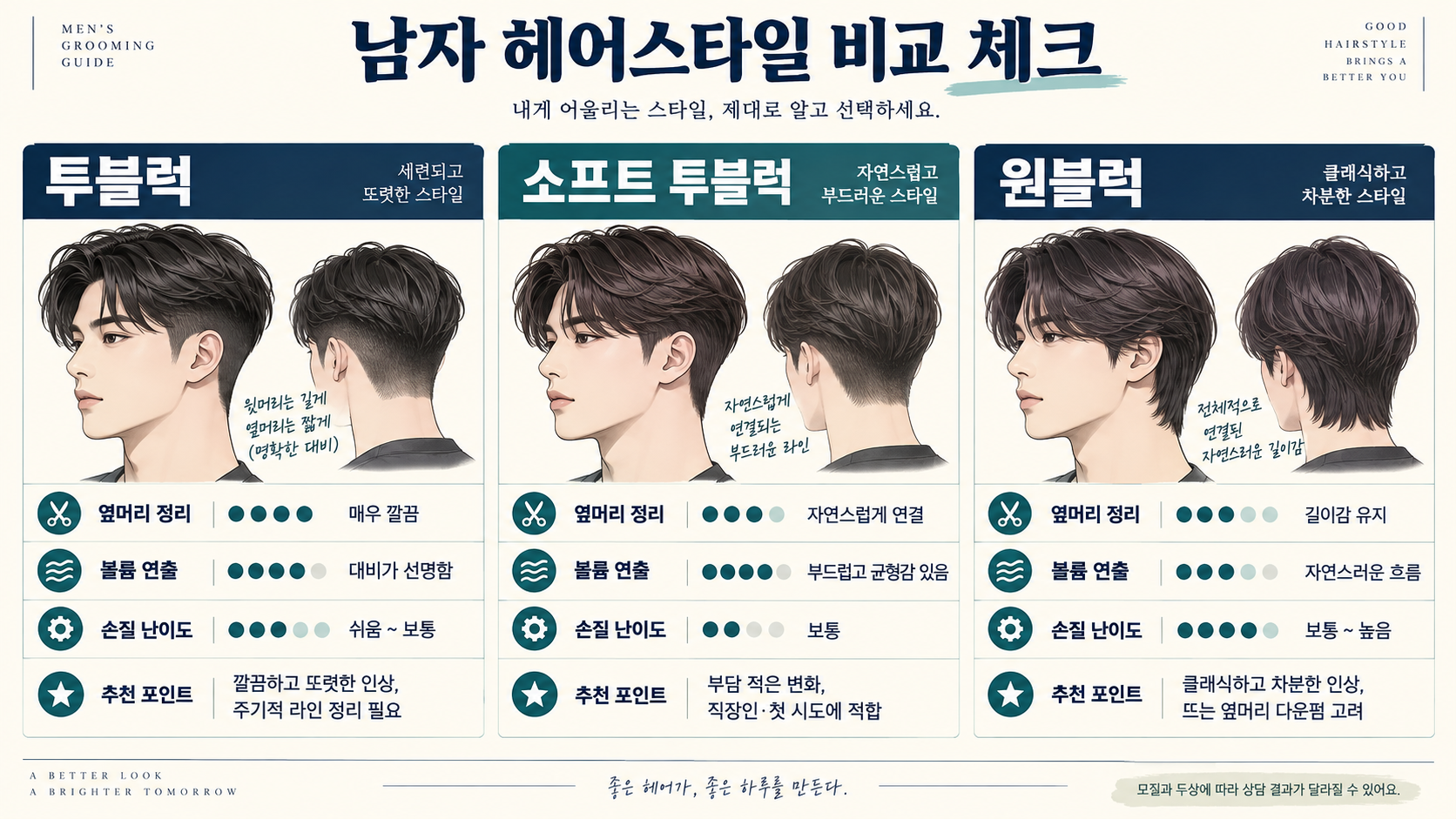 투블럭 소프트투블럭 원블럭의 관리 포인트 비교 정보카드