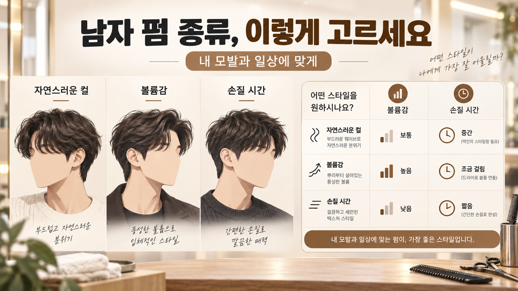 남자 펌 종류를 컬과 볼륨, 손질 시간 기준으로 고르는 한국형 정보카드