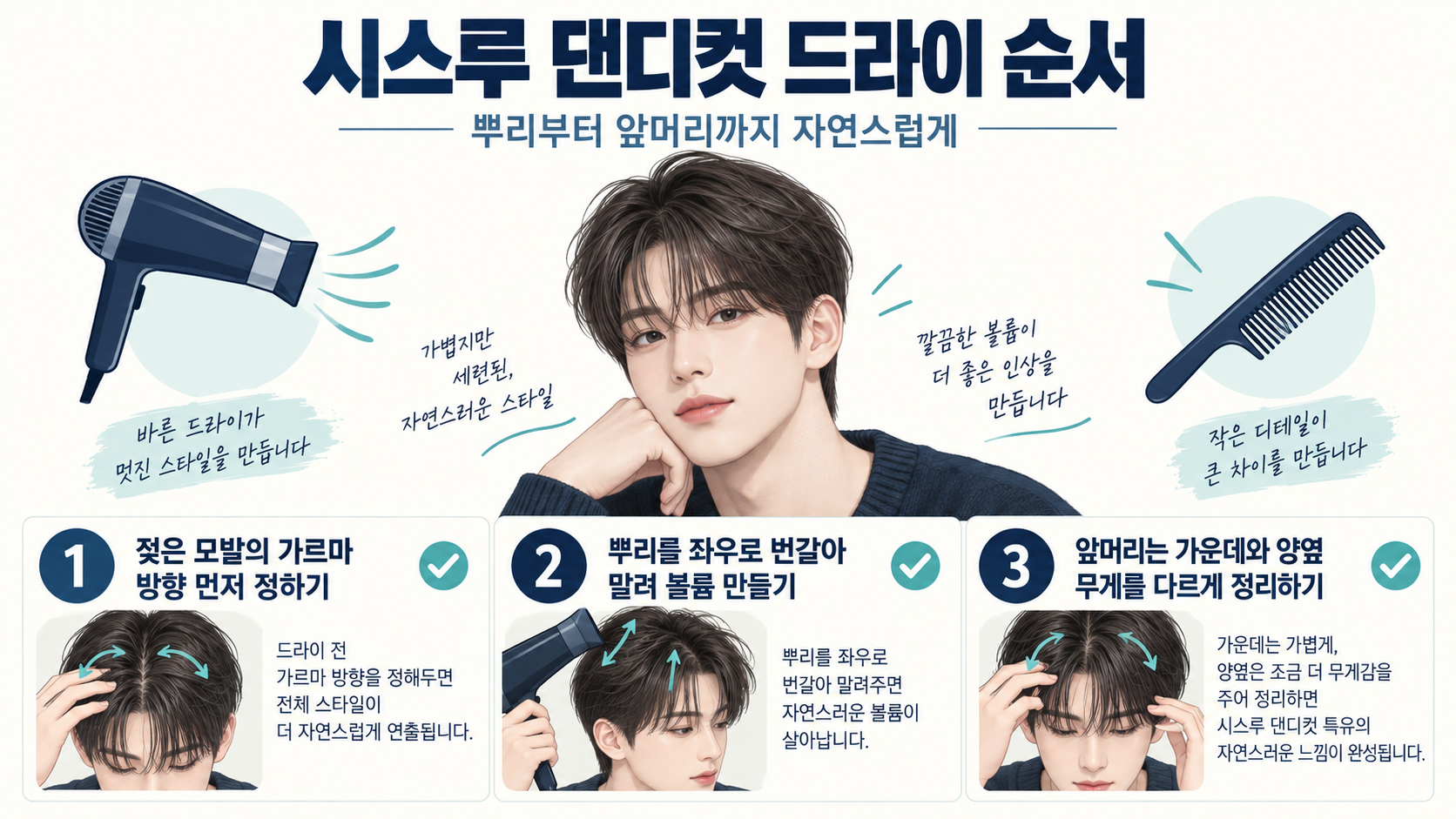 시스루 댄디컷 아침 손질 순서를 보여 주는 정보 카드