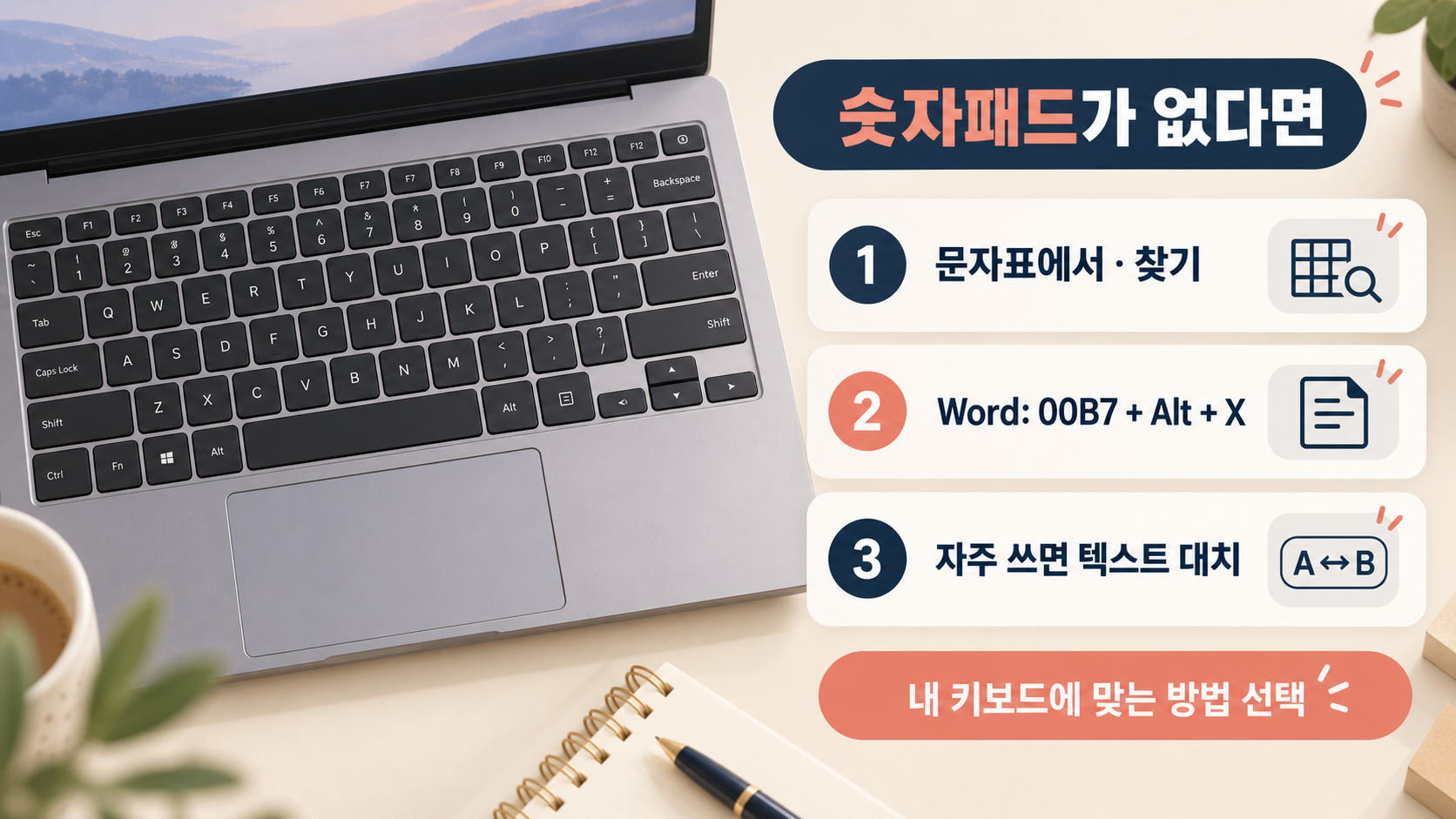 숫자패드가 없는 노트북에서 문자표, Word 유니코드 변환, 텍스트 대치를 쓰는 방법 정보카드