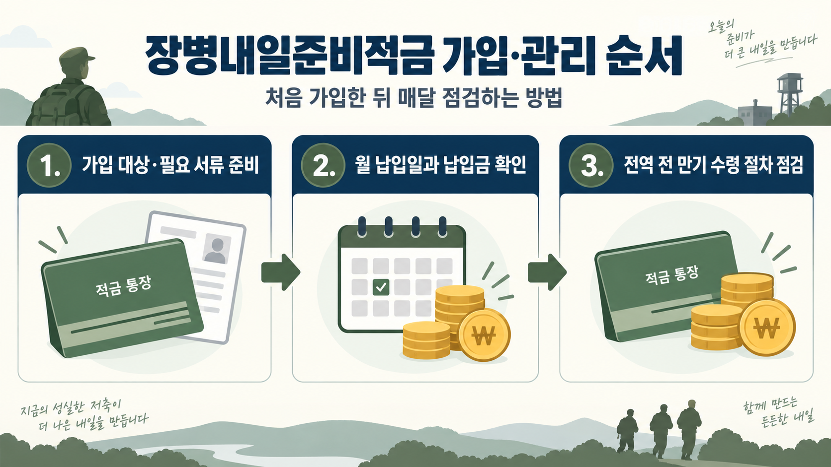 장병내일준비적금 가입 절차와 서류 점검 순서를 보여 주는 정보카드