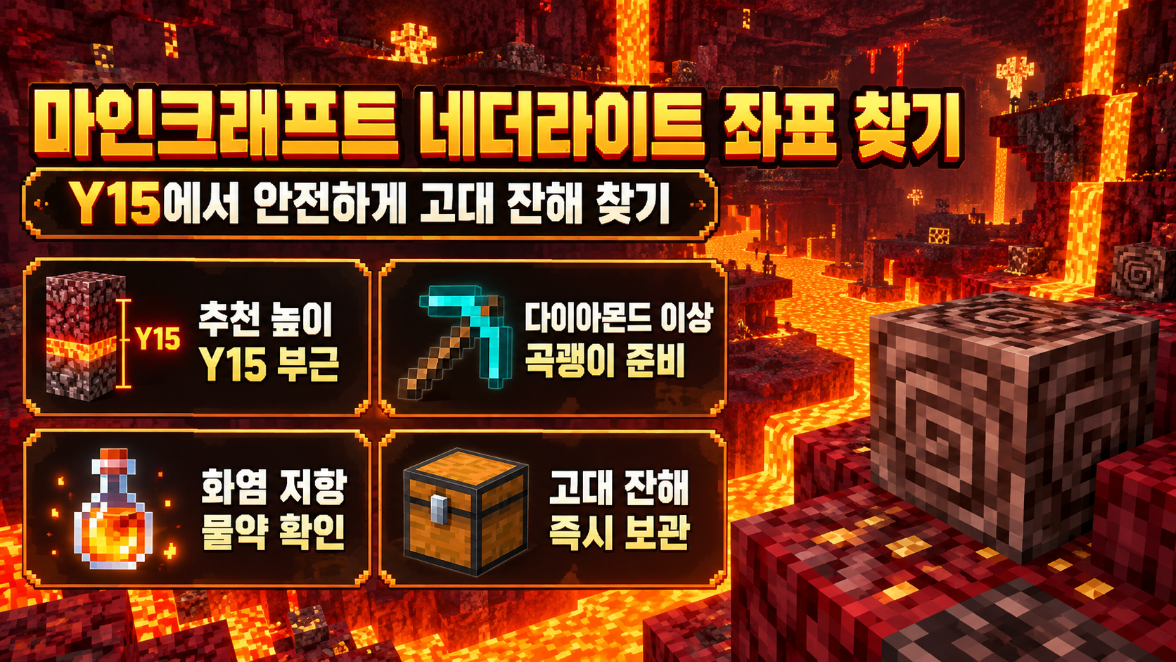 마인크래프트 네더라이트 추천 좌표와 채굴 준비물을 보여주는 정보 카드