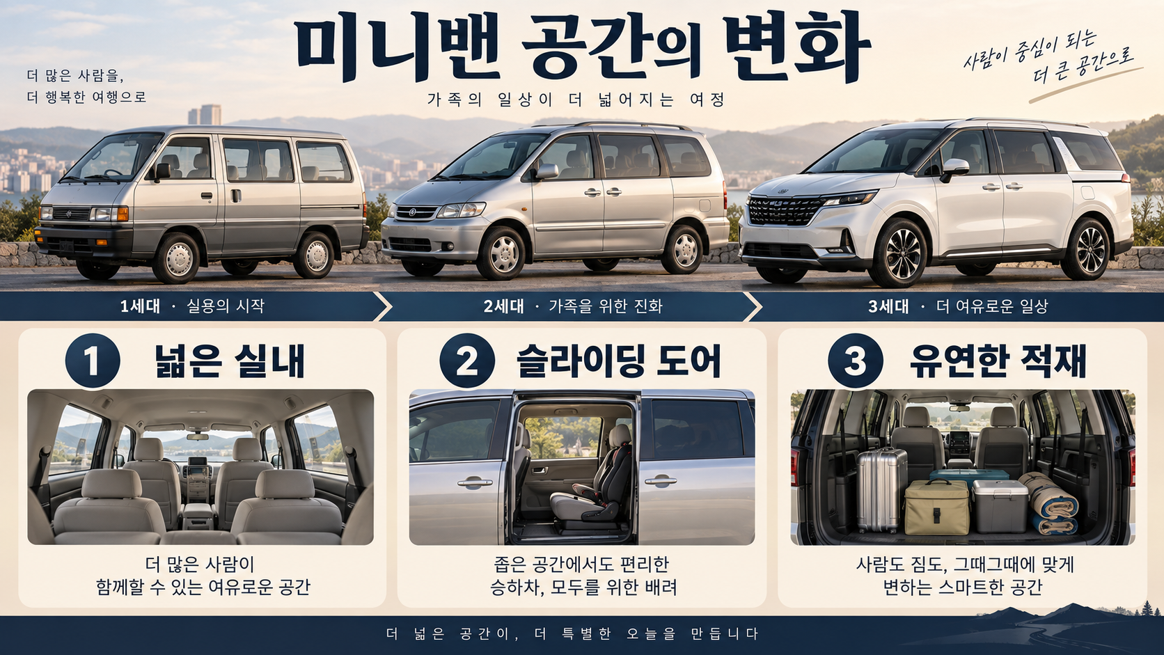 미니밴의 시대별 변화와 주요 특징을 보여 주는 타임라인