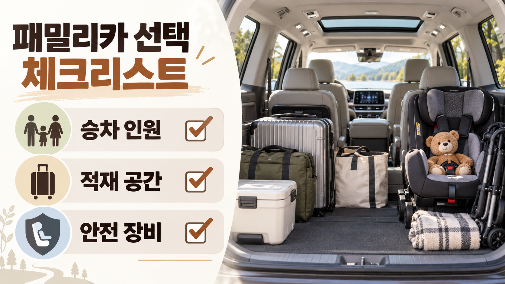 미니밴 실내 좌석과 적재 공간을 살펴보는 가족