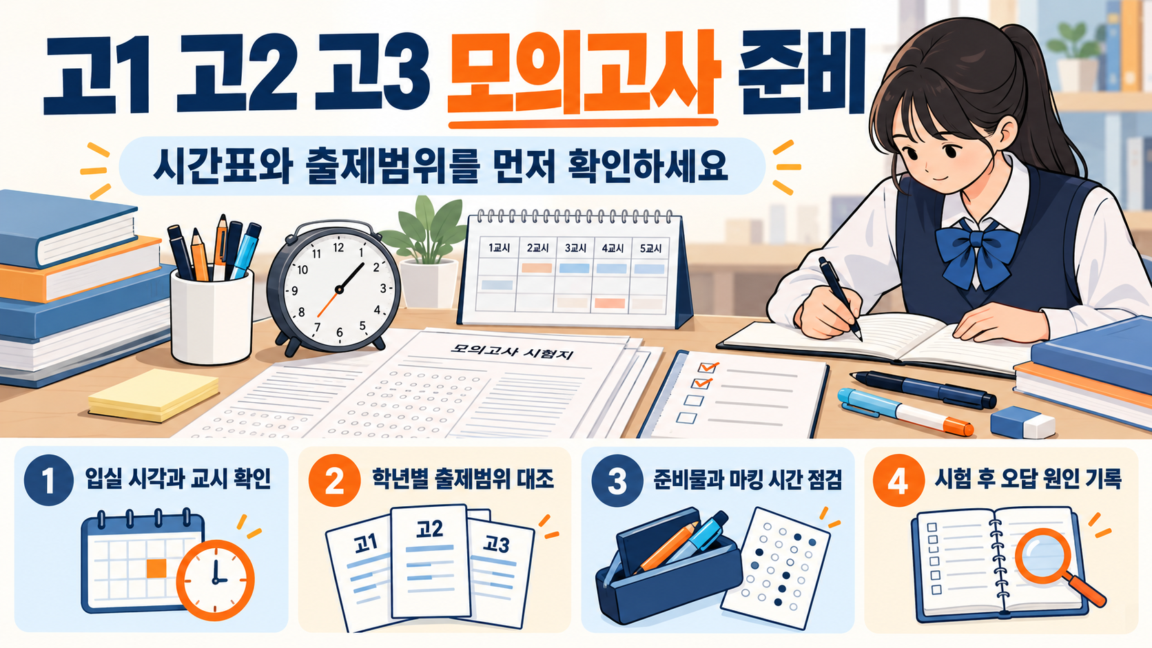 고1 고2 고3 모의고사 시간표와 준비 항목을 정리한 정보 카드