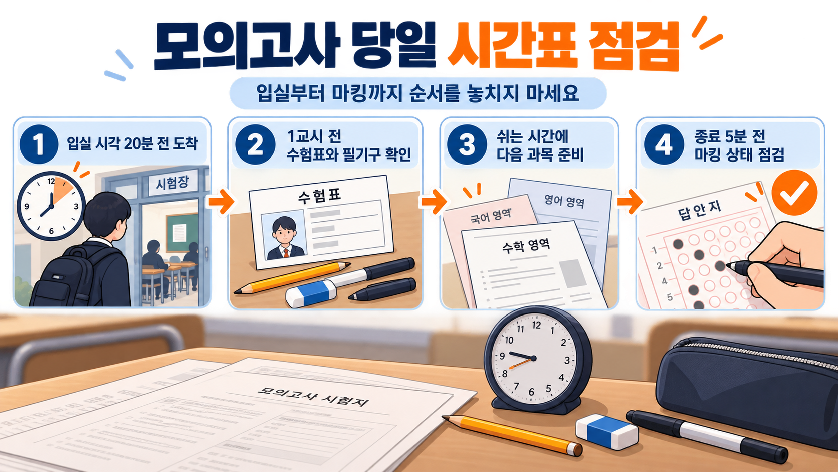 모의고사 전날부터 시험 당일까지 순서를 보여주는 시간 관리 카드