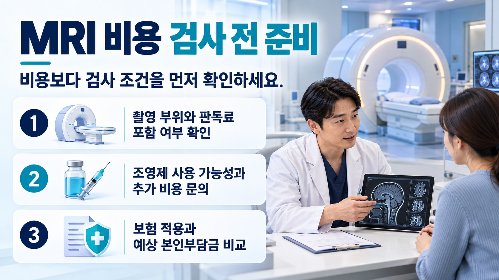 MRI 검사 비용과 준비 사항을 안내하는 정보 카드