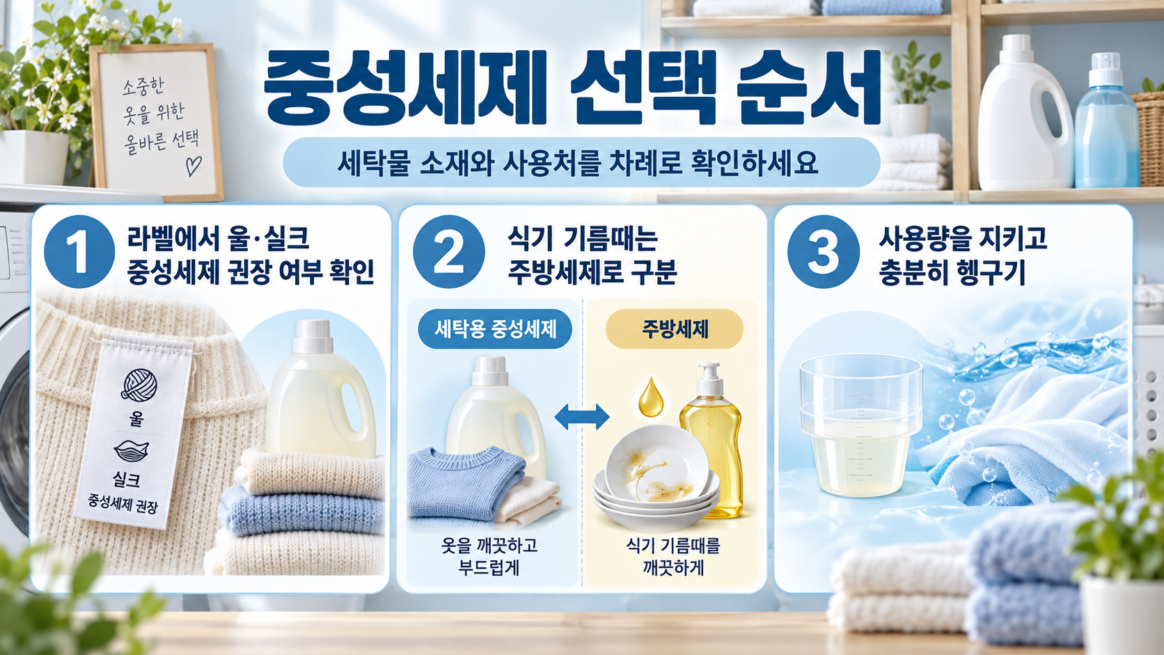 세탁물과 오염에 따라 세제를 고르는 순서를 보여주는 정보카드