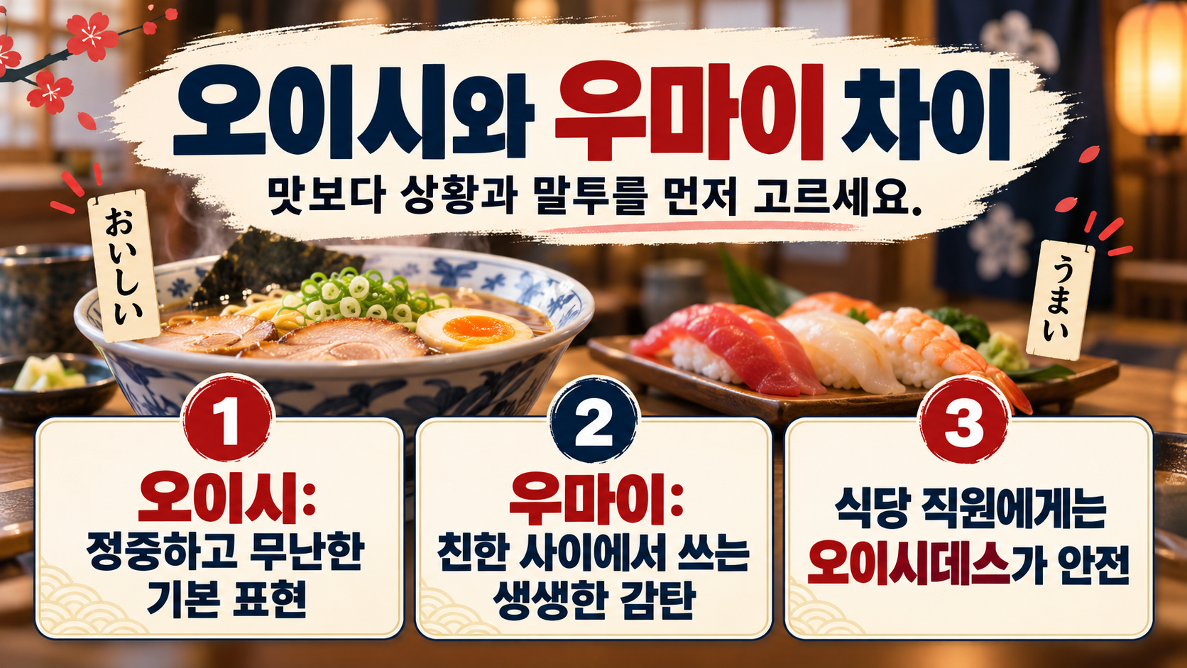 오이시와 우마이 차이를 설명하는 일본어 맛 표현 정보카드