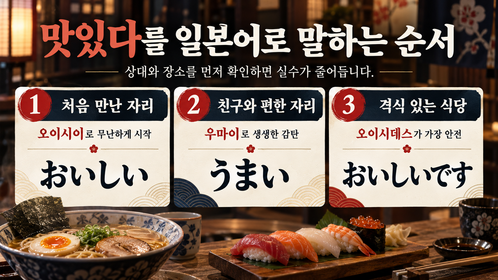 식사 상황별 오이시와 우마이 사용 순서를 보여주는 정보카드