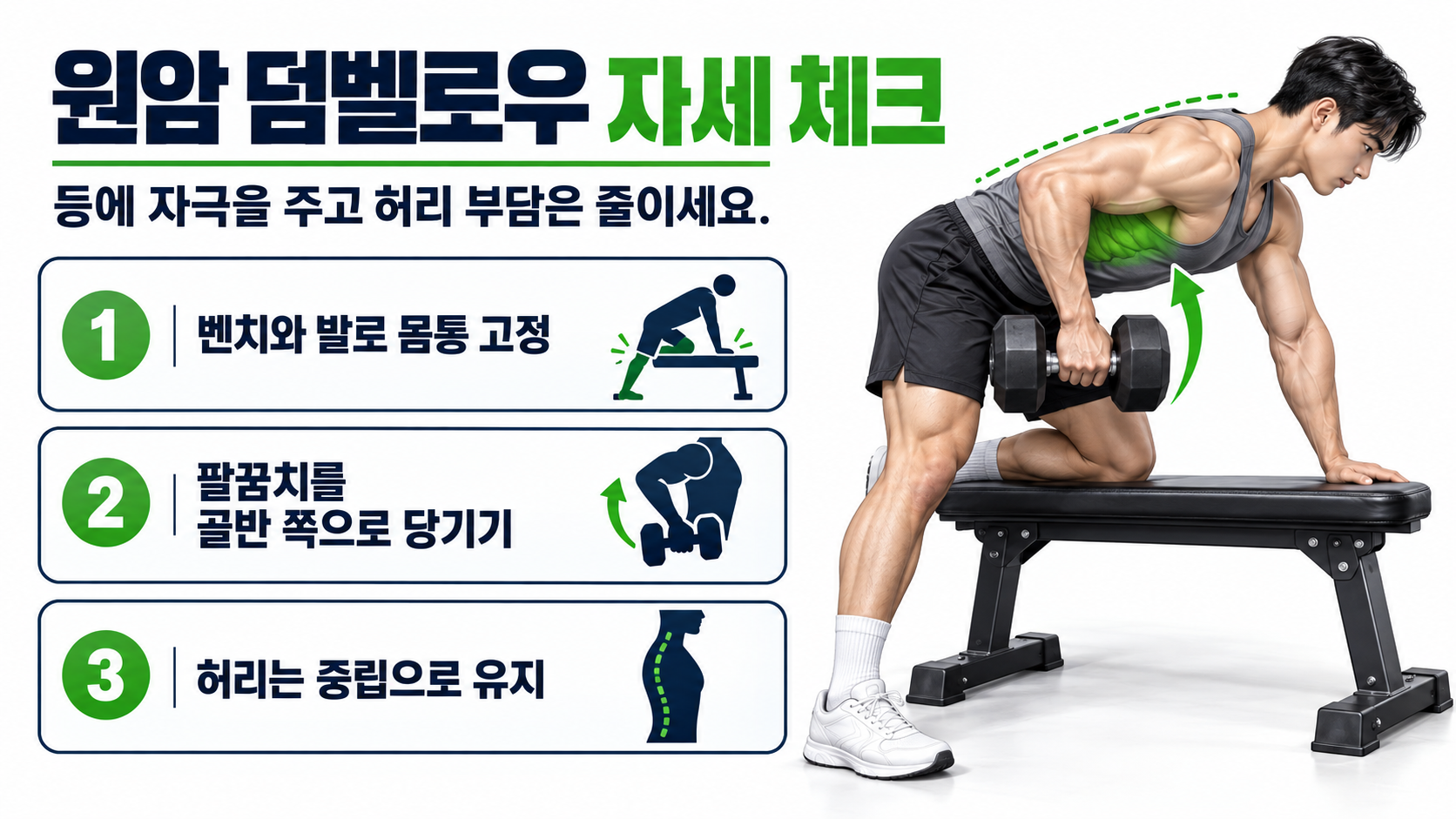 원암 덤벨로우 자세 핵심을 안내하는 정보 카드