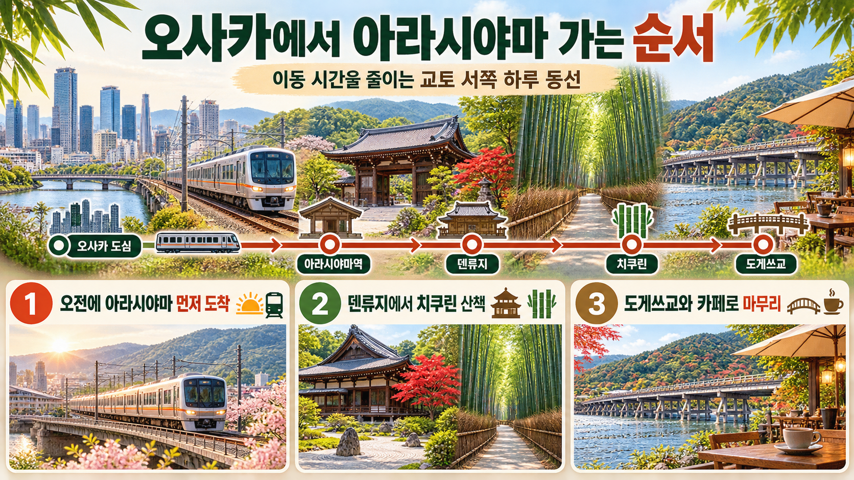 오사카에서 치쿠린까지의 이동과 산책 순서를 담은 카드