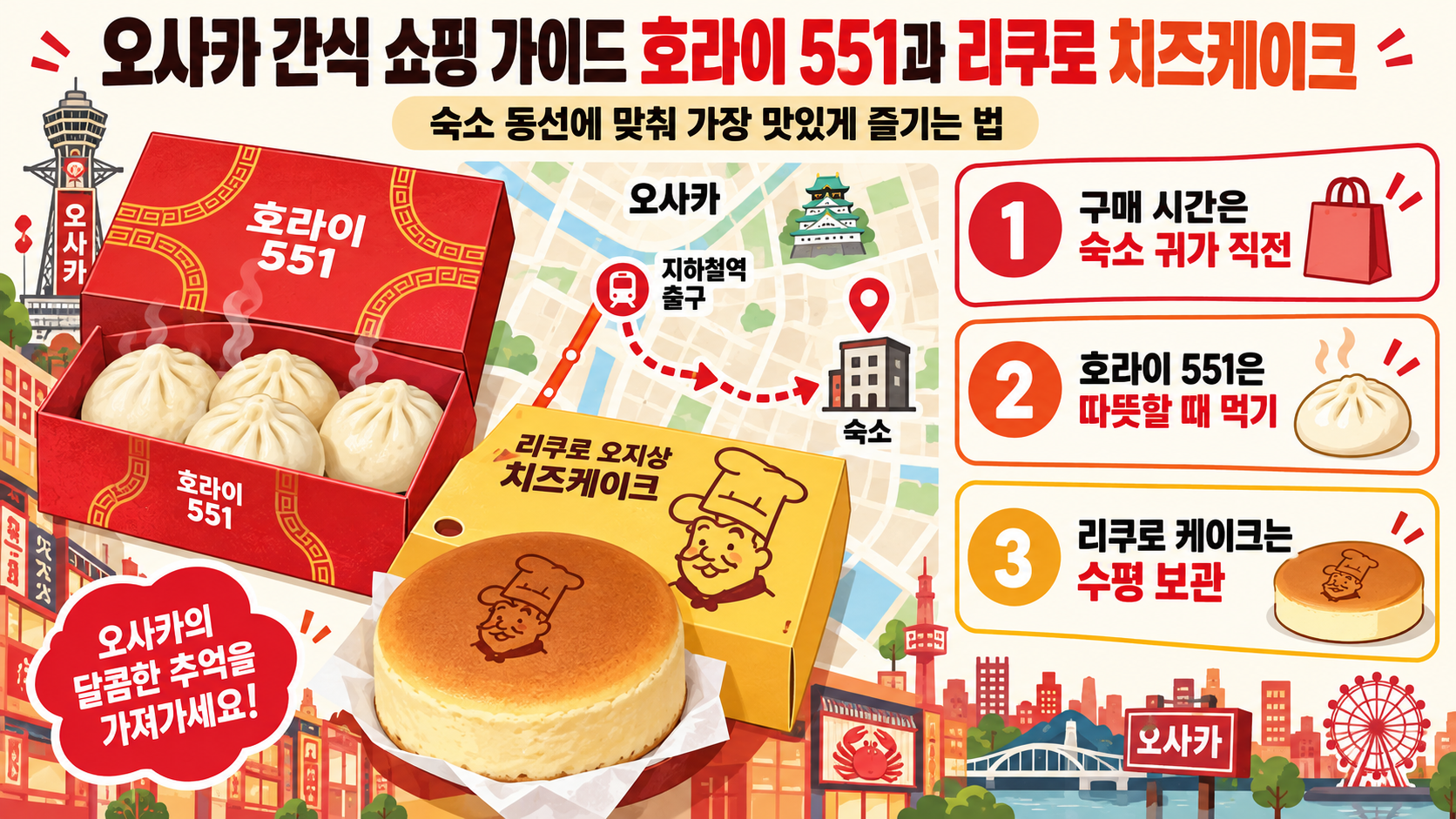 호라이 551 만두와 리쿠로 치즈케이크 오사카 간식 쇼핑 정보카드