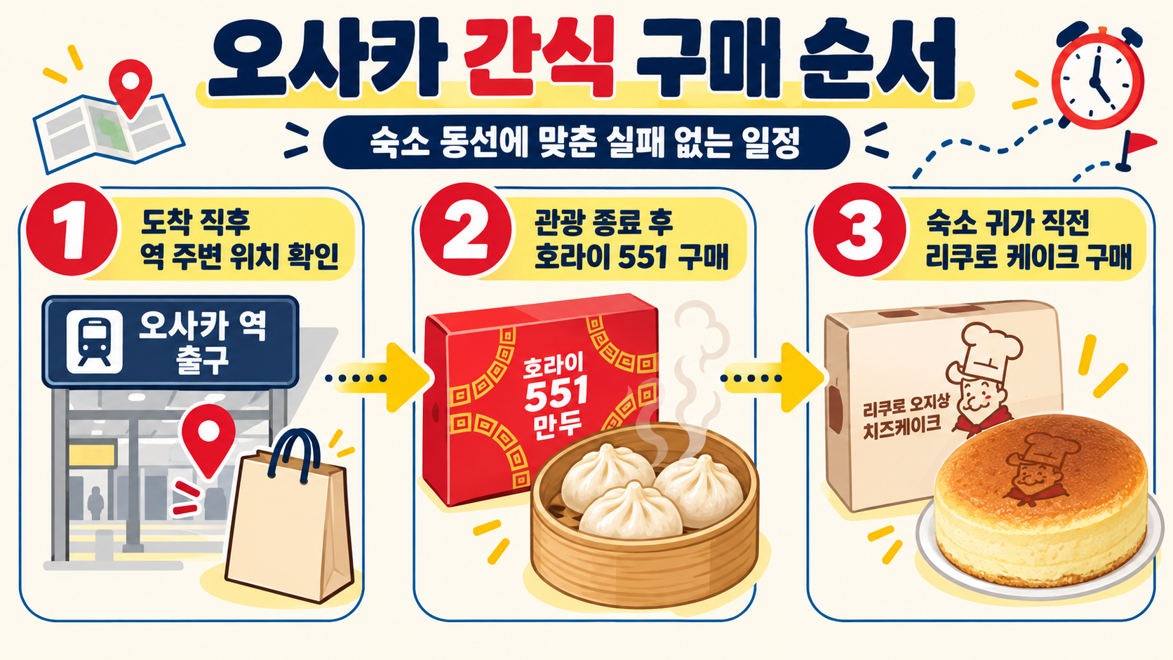 오사카 간식 구매 순서를 정리한 정보카드