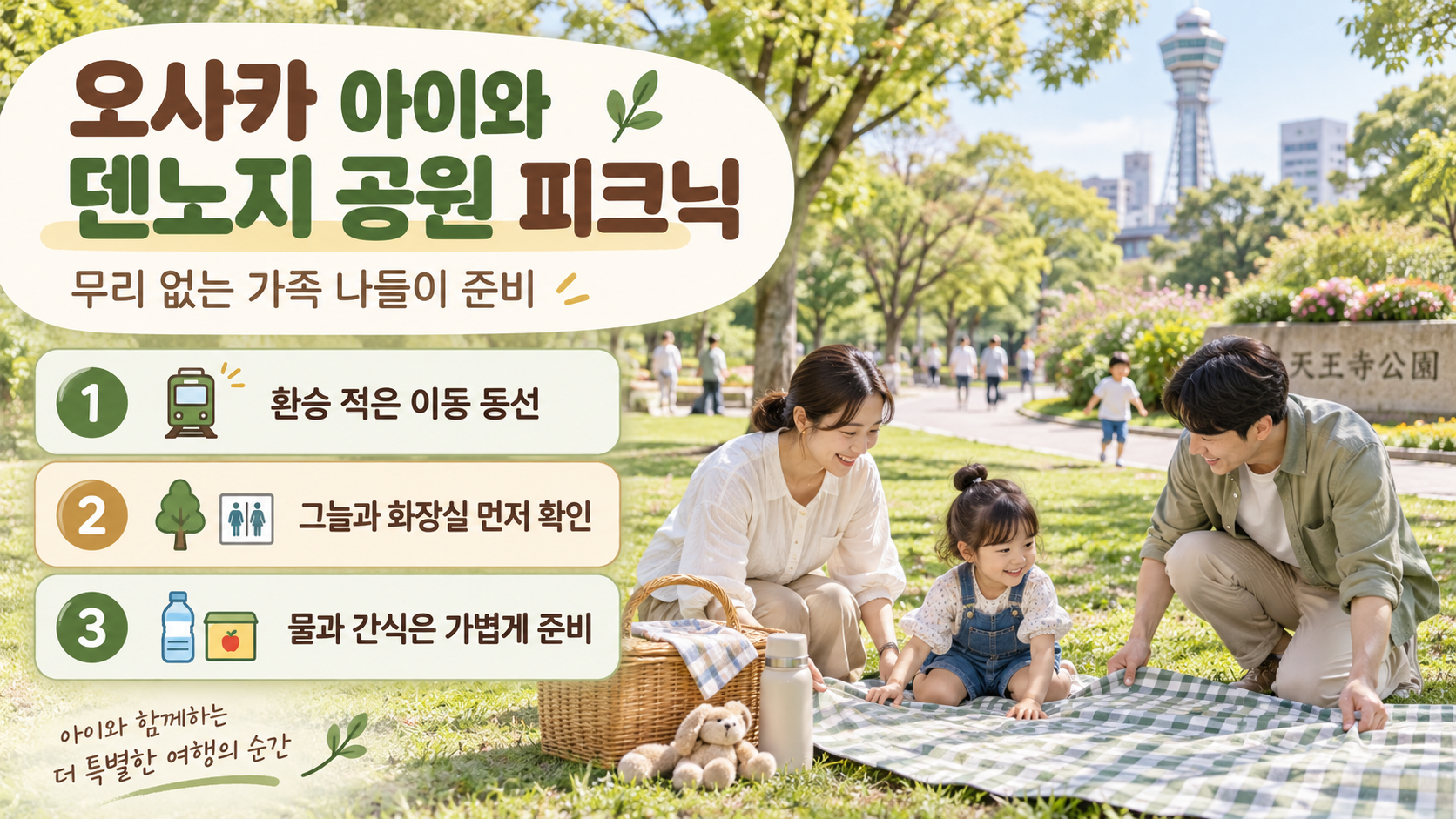 오사카 덴노지 공원에서 가족 피크닉을 준비하는 정보 카드