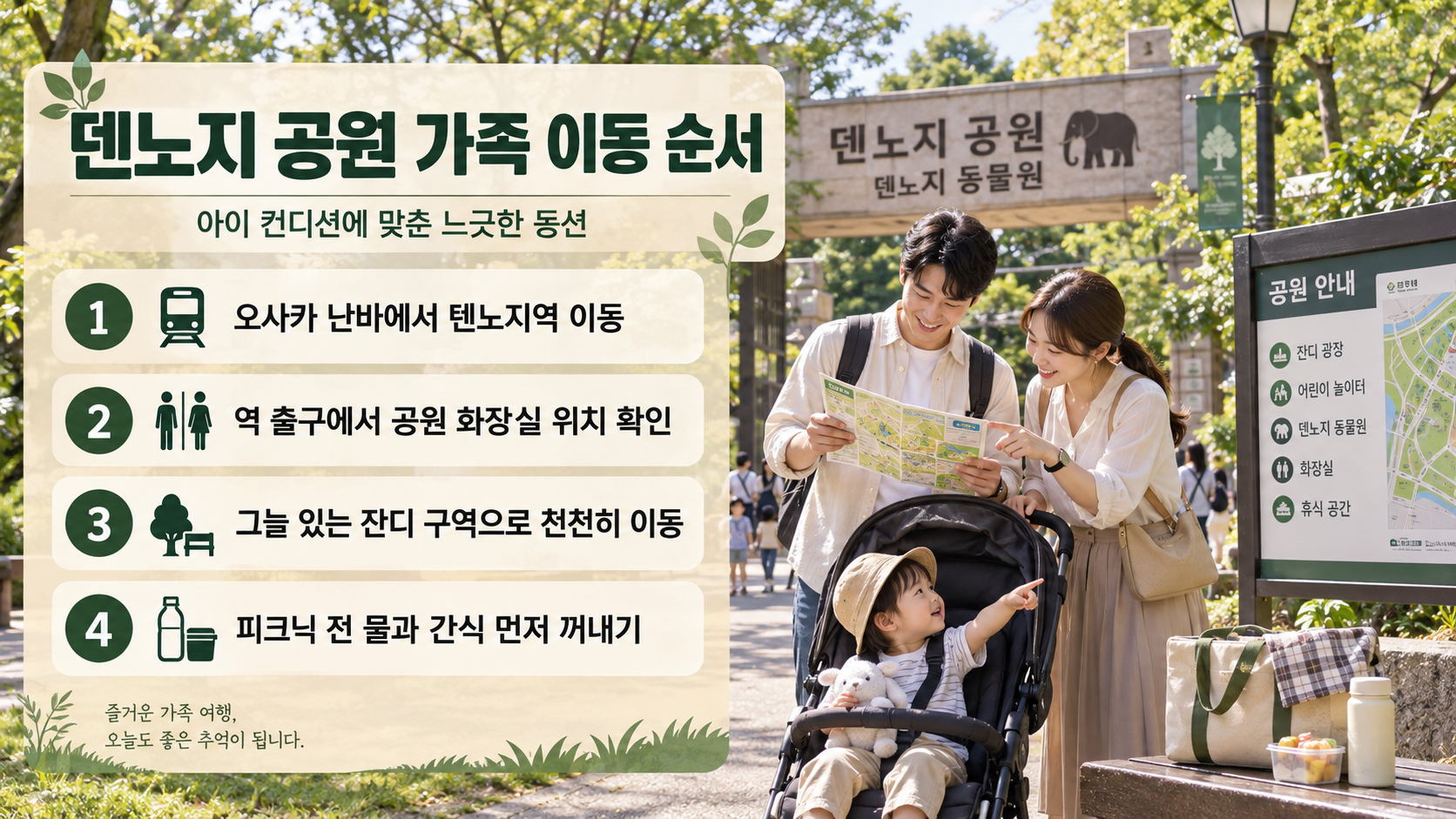 덴노지 공원 가족 나들이 이동 순서를 설명하는 정보 카드