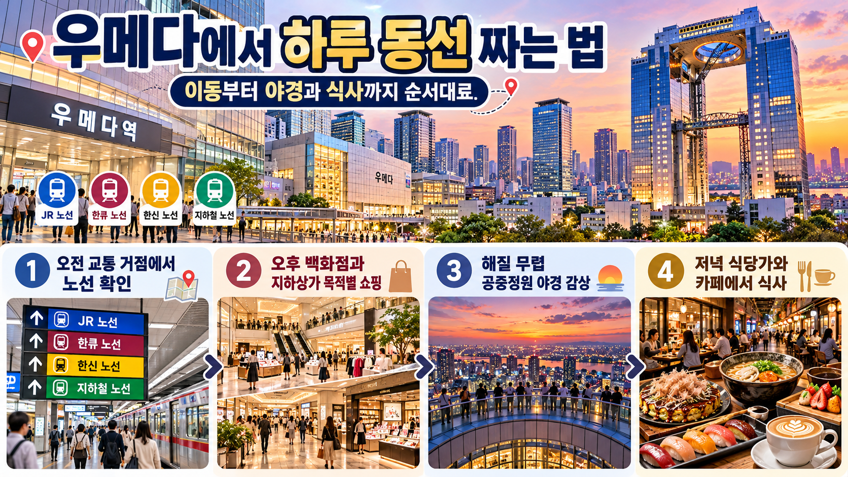 우메다역에서 전망대까지 이동 순서를 보여주는 안내 카드