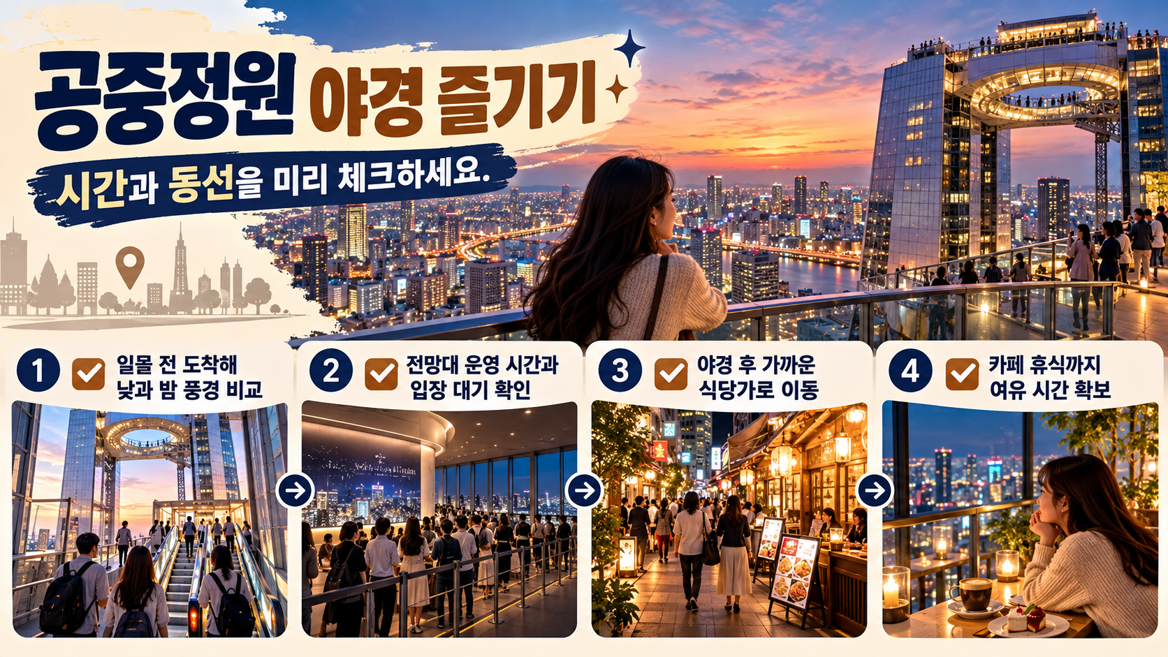 우메다 쇼핑과 식사 선택 기준을 보여주는 안내 카드