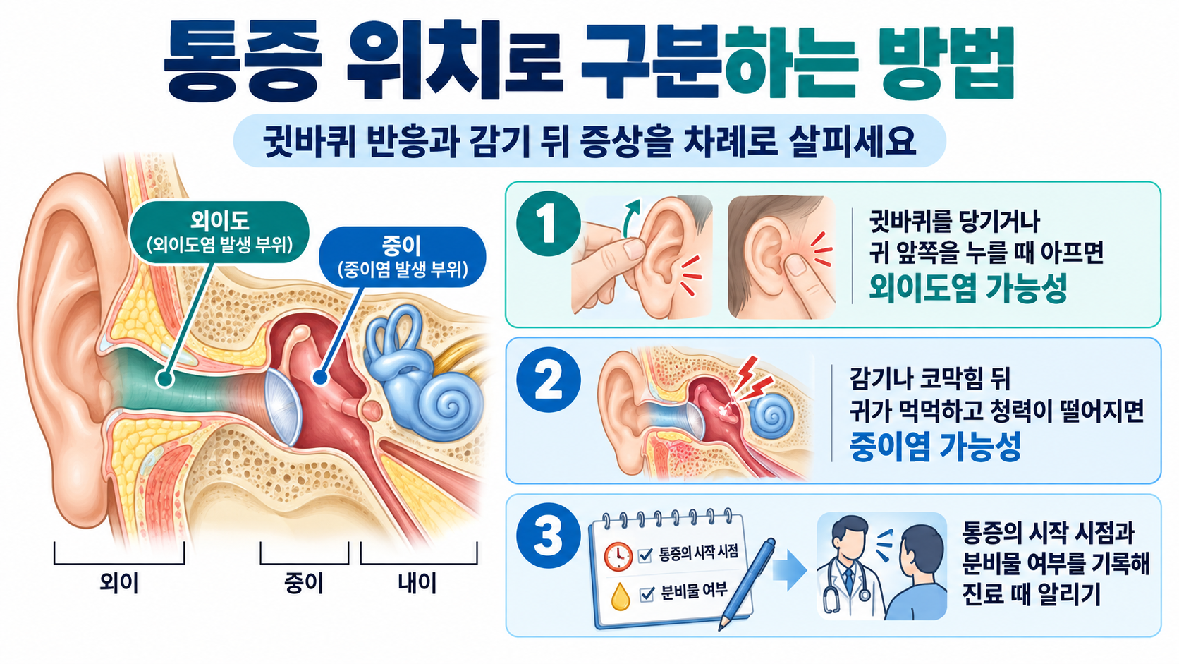 외이도염과 중이염 증상 확인 순서를 보여주는 정보카드