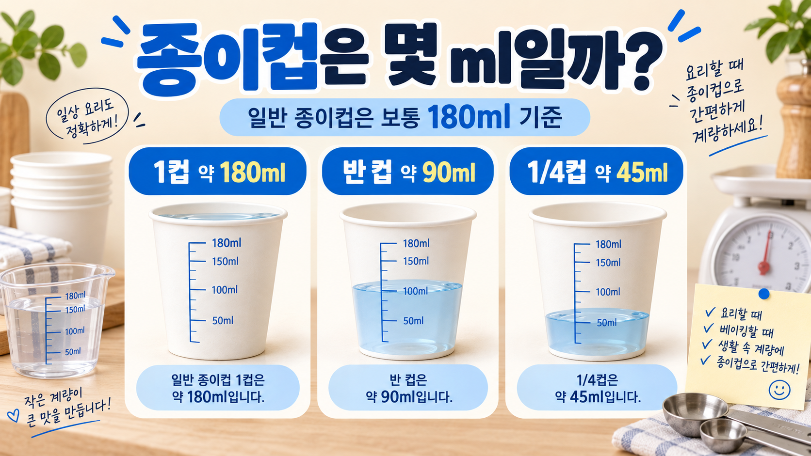 종이컵 180ml 기준과 물 용량 환산을 보여주는 한국어 정보카드