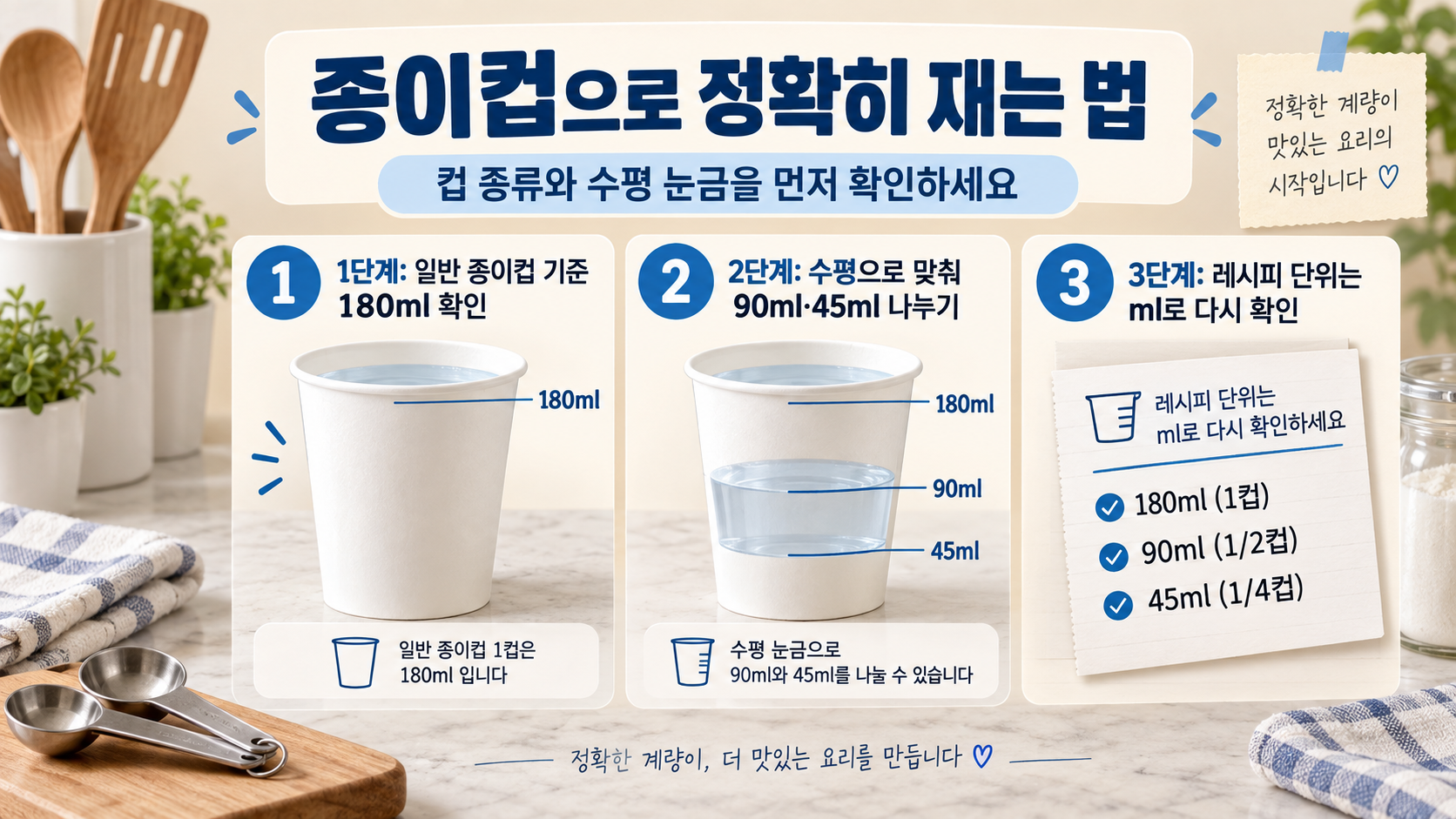 종이컵으로 물과 가루 재료를 계량하는 순서를 설명한 한국어 정보카드