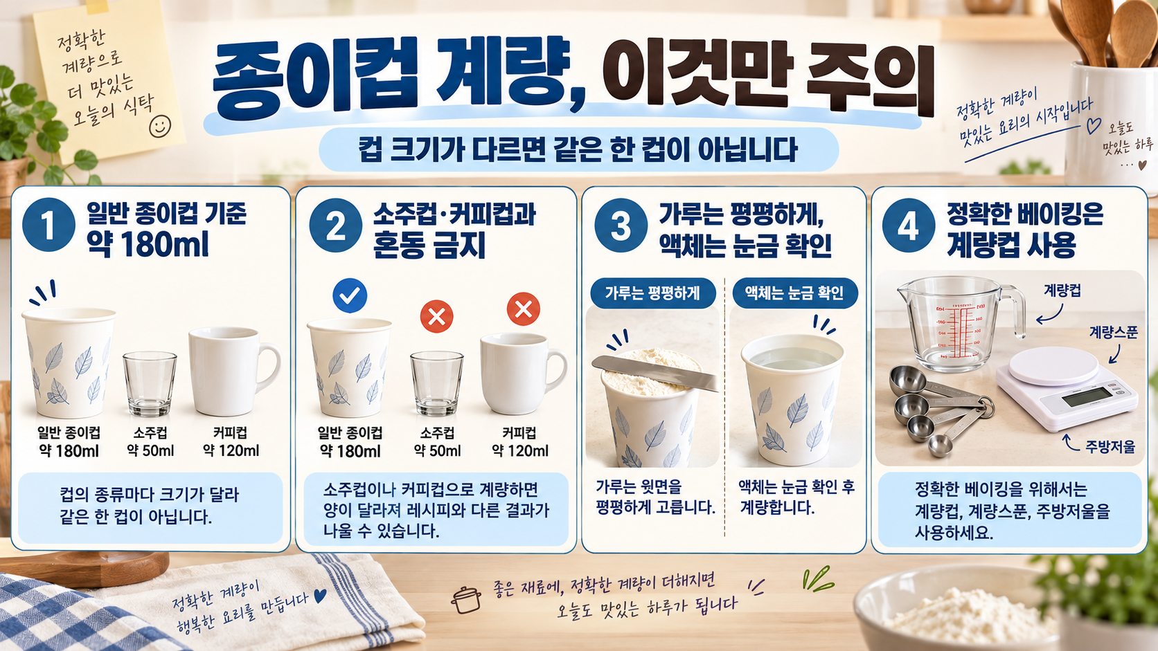 종이컵 계량 시 주의할 점과 선택 기준을 보여주는 한국어 정보카드