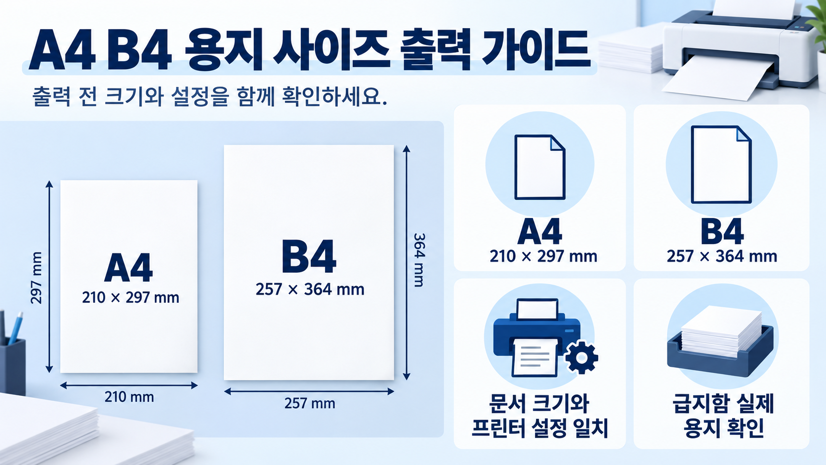 A4와 B4 용지 크기와 출력 확인 항목을 정리한 정보카드