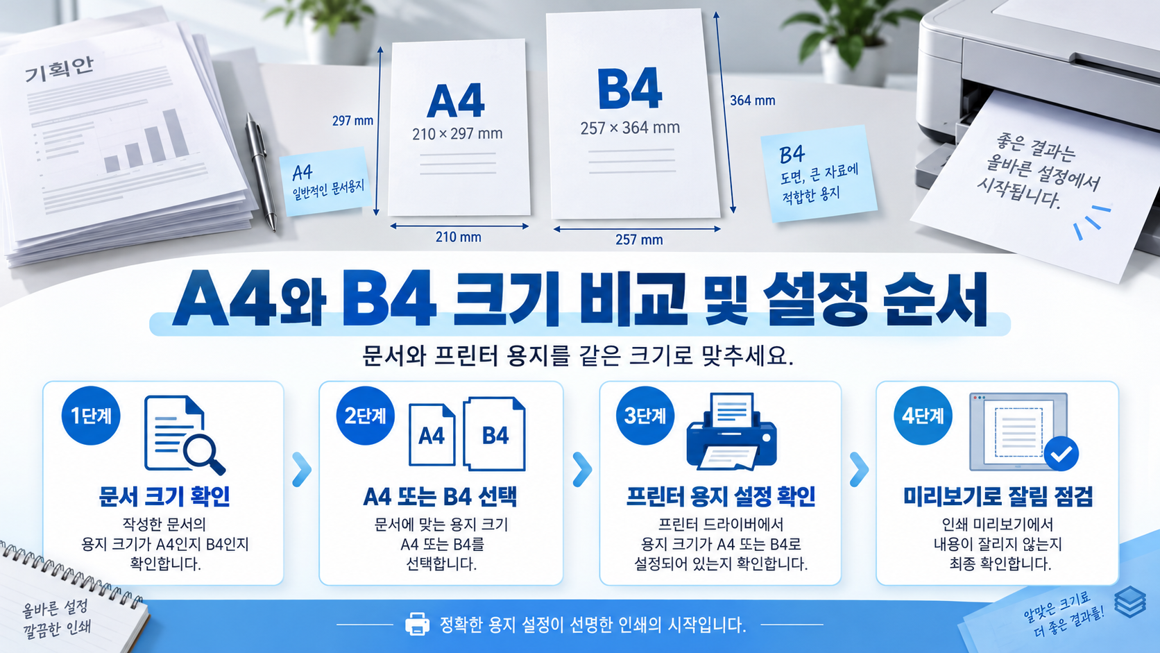 A4와 B4 용지 규격을 비교하는 단계별 정보카드