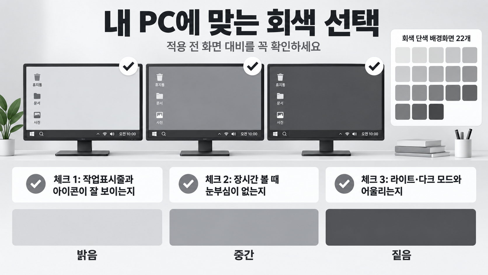 PC 회색 바탕화면 적용 전 가독성 점검 체크리스트 정보카드