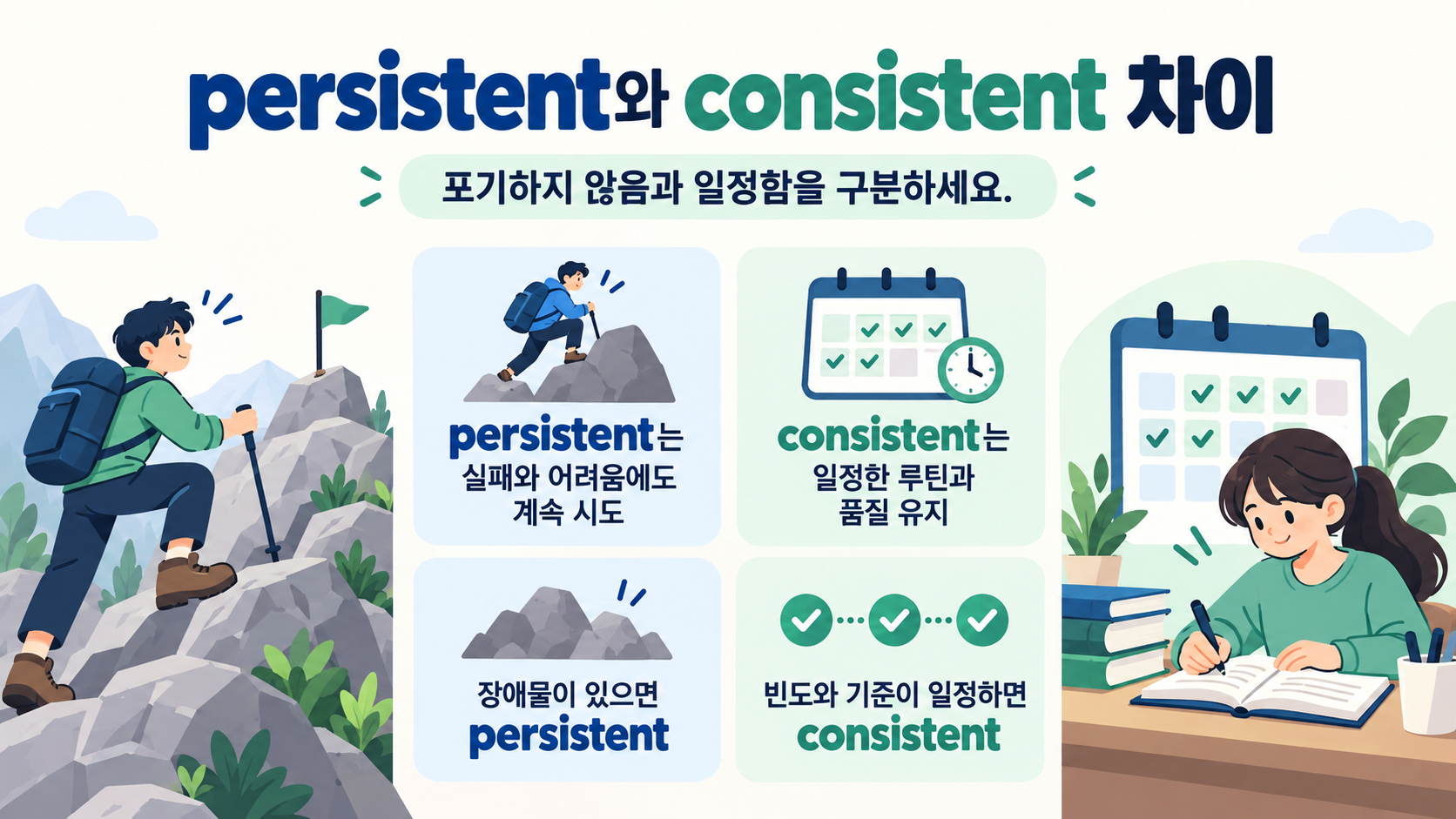 persistent와 consistent 차이를 설명하는 영어 표현 정보카드