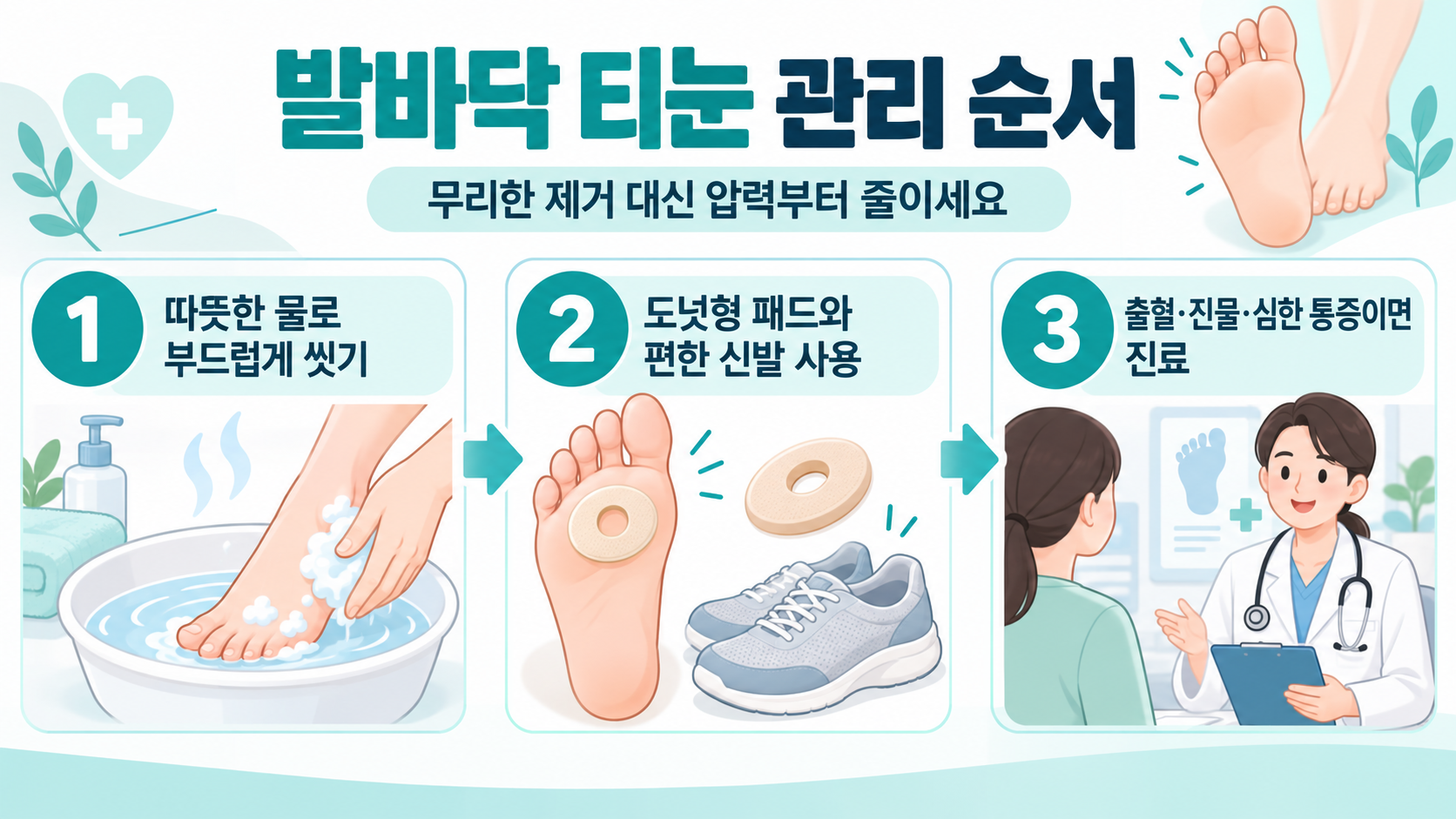 발바닥 티눈 자가 관리 순서를 보여주는 정보카드