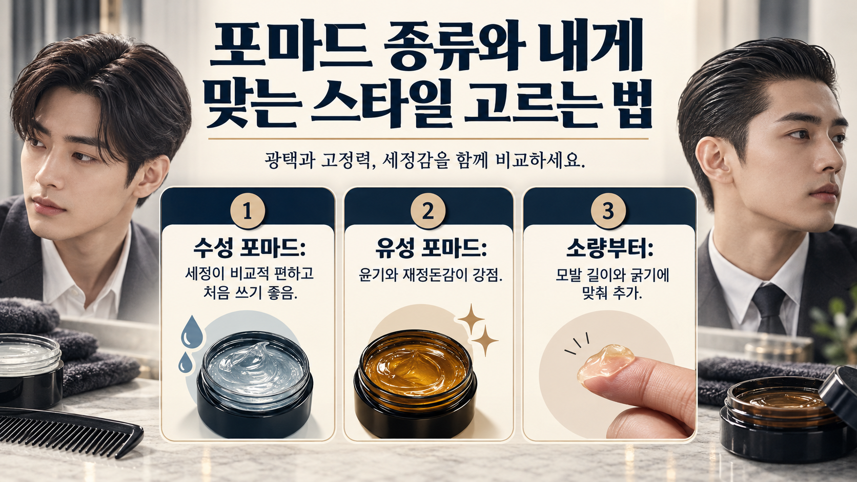 포마드 종류와 선택 기준을 보여 주는 한국어 정보카드