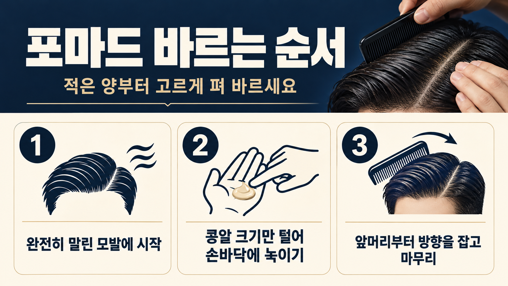 포마드 바르는 순서를 설명하는 한국어 정보카드