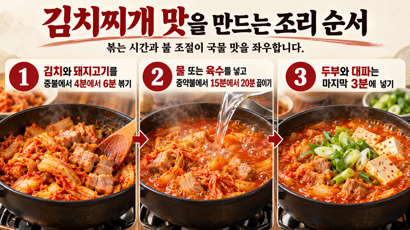 돼지고기 김치찌개 볶기와 끓이기 순서를 보여 주는 정보카드