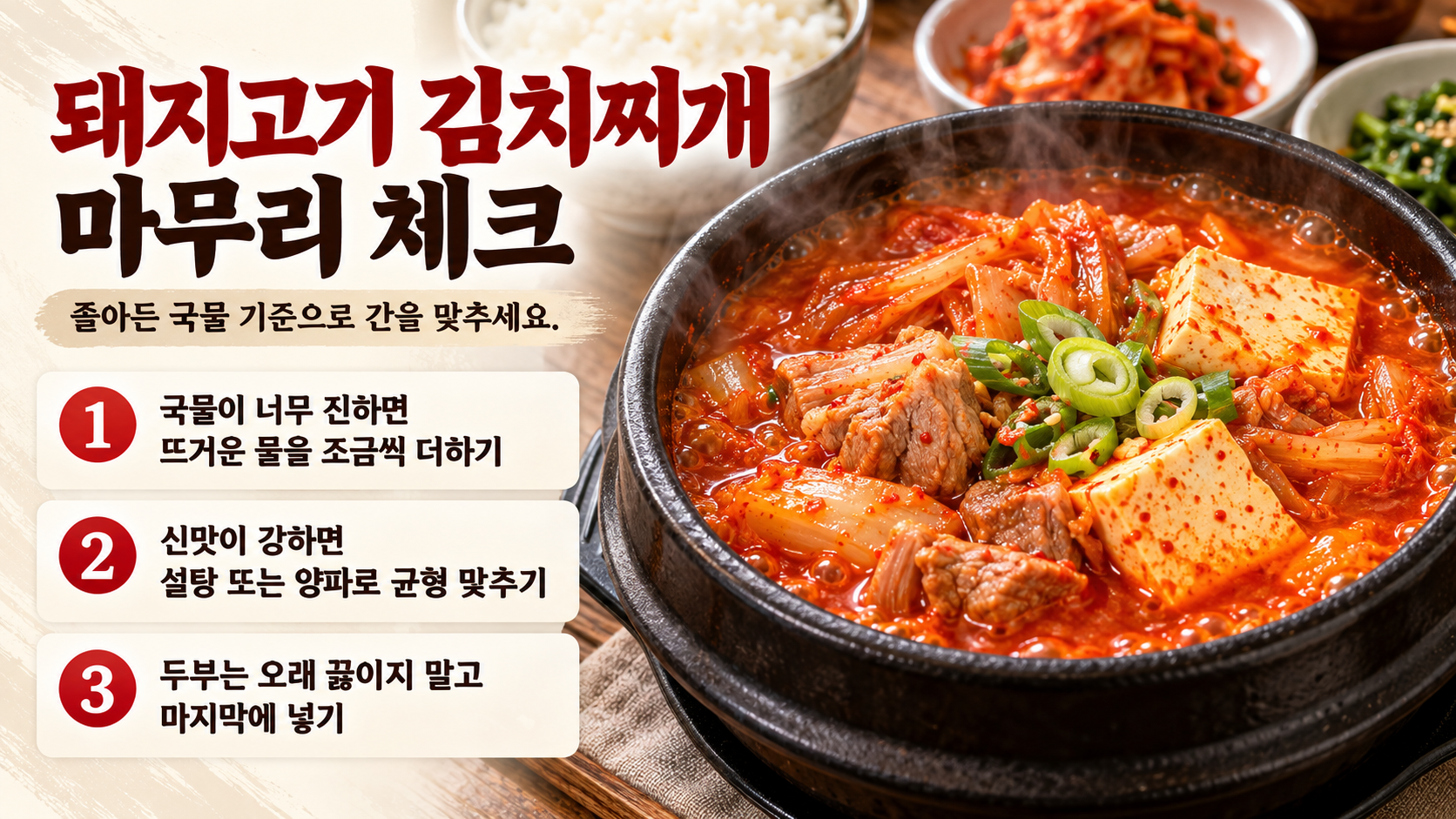 돼지고기 김치찌개 완성 전 점검 항목을 보여 주는 정보카드
