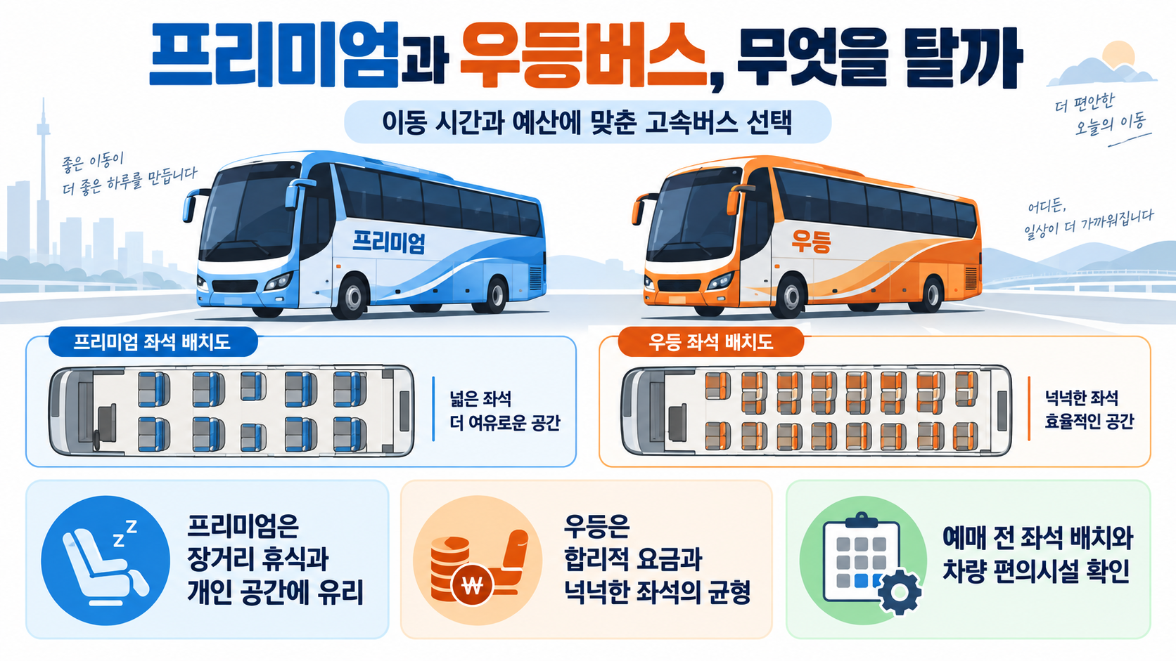 프리미엄과 우등 고속버스 좌석과 요금을 비교하는 정보 카드