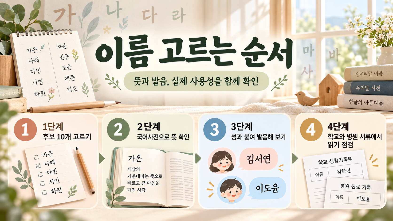 순우리말 이름을 고르는 순서를 정리한 정보카드