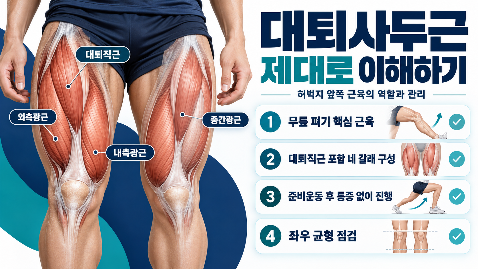 대퇴사두근 위치와 핵심 역할을 설명하는 정보카드