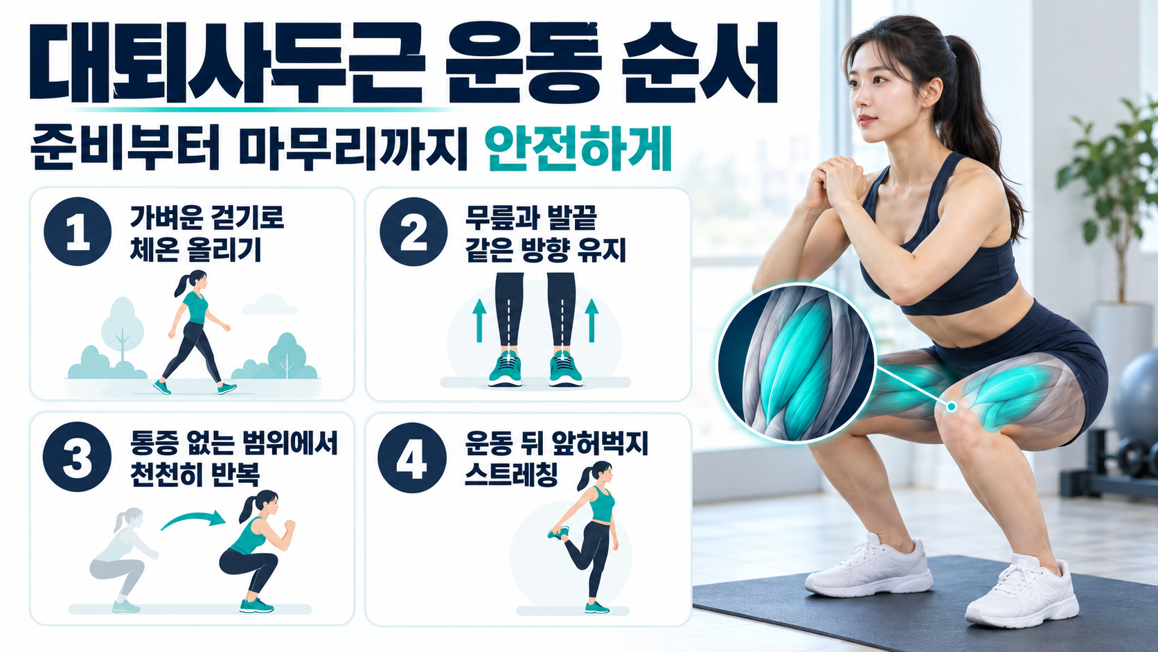 대퇴사두근 초보 운동 순서를 안내하는 정보카드