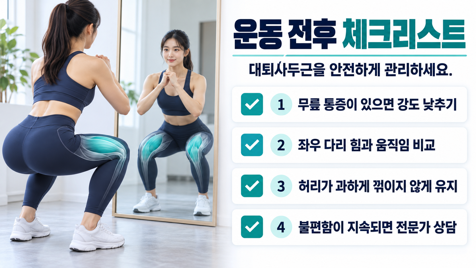 무릎 부담을 줄이는 대퇴사두근 운동 체크리스트 정보카드