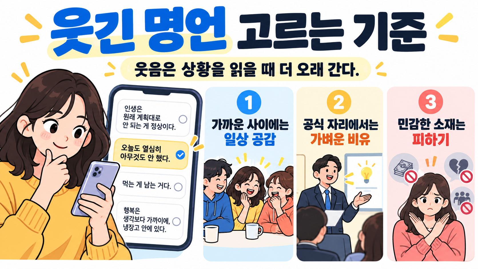 상황별 웃긴 명언 선택 순서를 보여 주는 정보카드