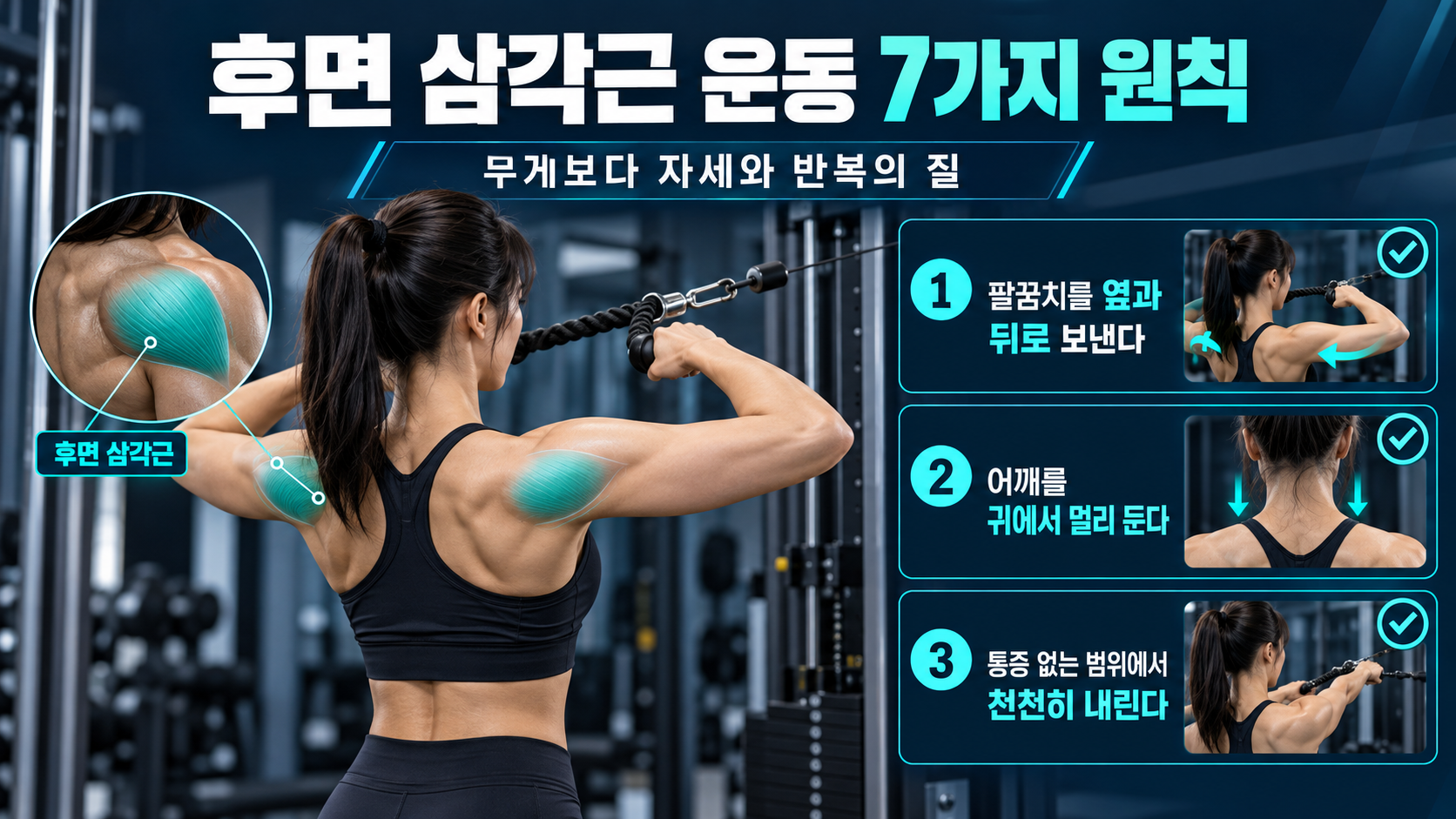 후면 삼각근 운동 핵심 원칙을 안내하는 한국어 정보카드