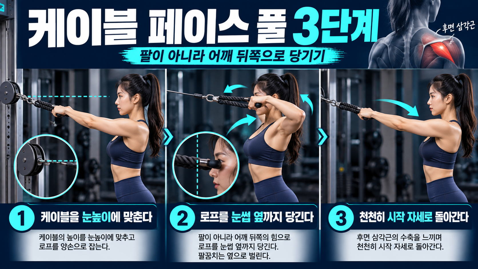 후면 삼각근 운동 순서를 설명하는 한국어 정보카드