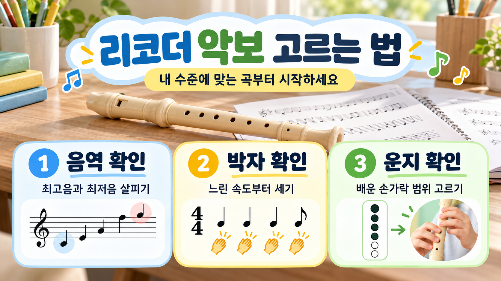리코더 악보 선택과 연습 준비를 설명하는 정보 카드