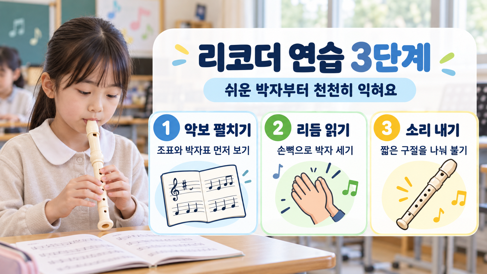 리코더 초보 연습 순서를 보여 주는 정보 카드