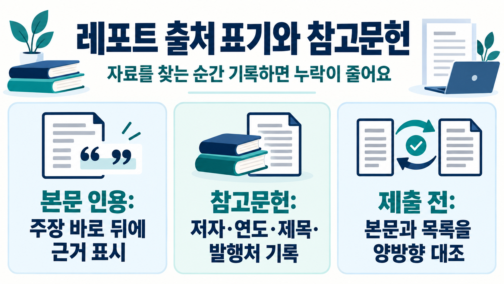 레포트 출처 표기와 참고문헌 작성 핵심을 정리한 정보카드